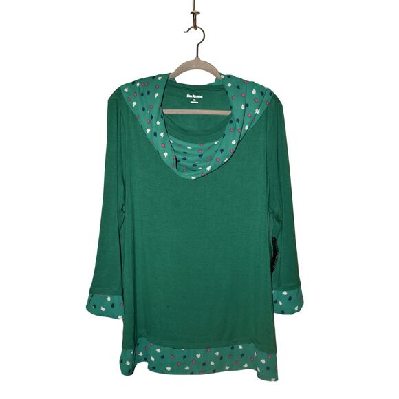 KIM‎ ROGERS NEW $46 Green Long Sleeve Leaf Print Trim Top Cowl Neck Scarf XL - Picture 1 of 4